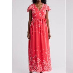 NEW Eliza J Floral Flutter Sleeve Faux Wrap Maxi Dress Coral Womens Size 12